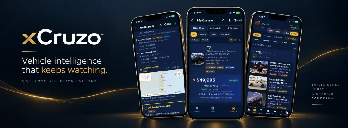 Three xCruzo phones showing the real dealer movement report, My Garage value screen, and bilingual News feed